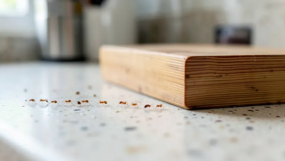 Ants near a wooden cedar block on a countertop