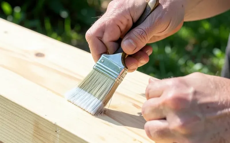 Applying clear wood preservative sealer with a brush to a pine board outdoors Applying clear wood preservative sealer with a brush to a pine board outdoors