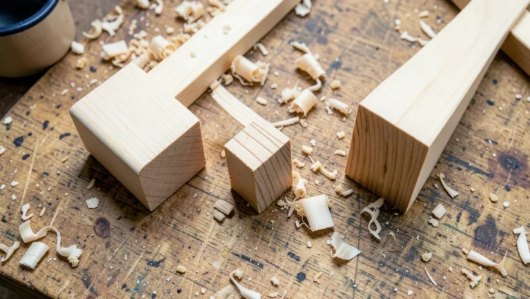 Several basic wood joints laid out on a workbench