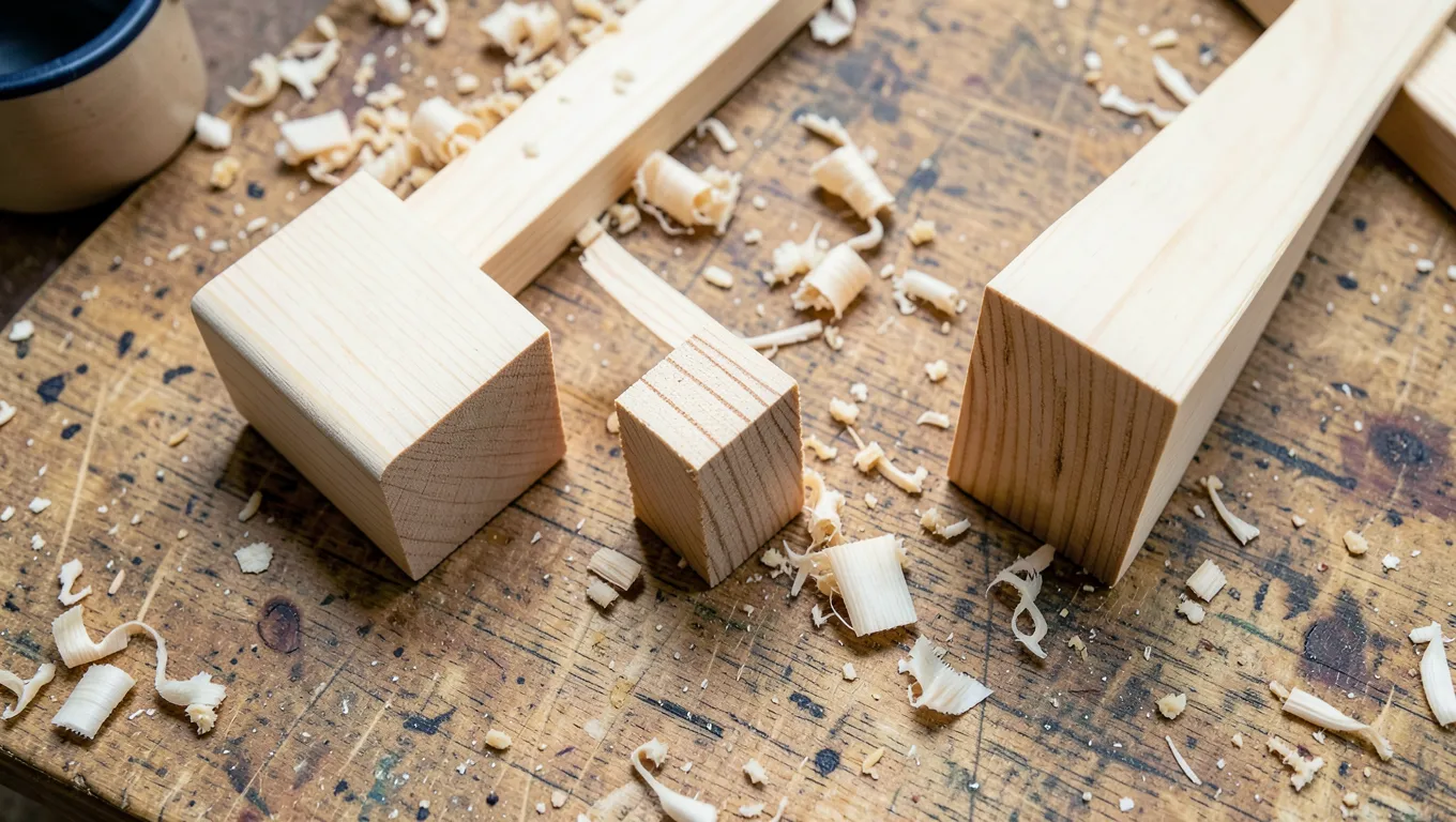 Several basic wood joints laid out on a workbench