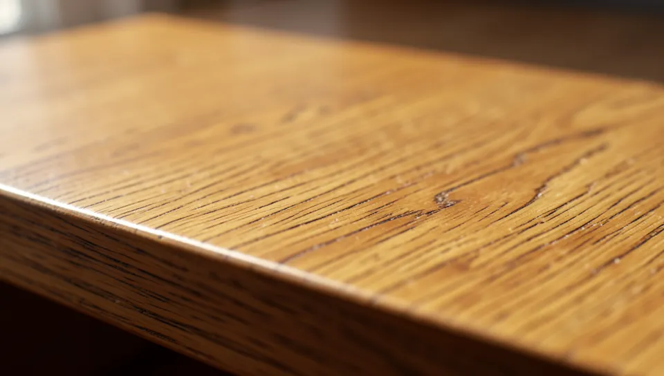 close up of natural oak wood grain on a furniture tabletop in warm light