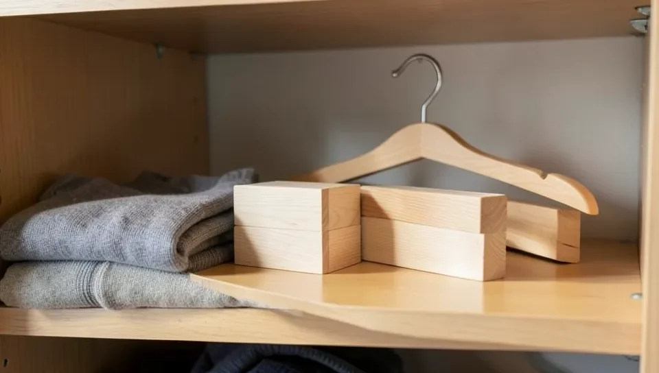 Cedar blocks and a cedar hanger on a closet shelf