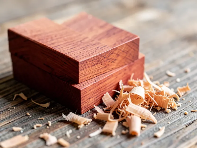 Close-up of aromatic red cedar wood blocks and cedar shavings
