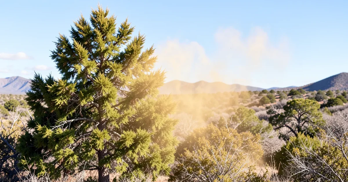 Mountain cedar (Ashe juniper) tree releasing pollen, the cause of cedar fever