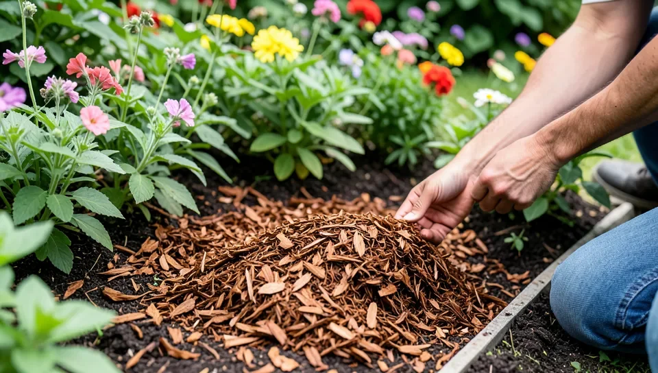 Spreading cedar mulch around a garden bed