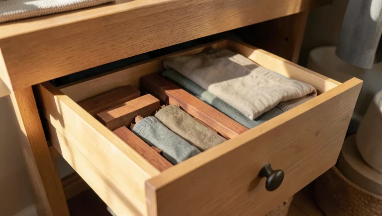 Cedar wood blocks and chips stored in a dresser drawer for natural moth protection