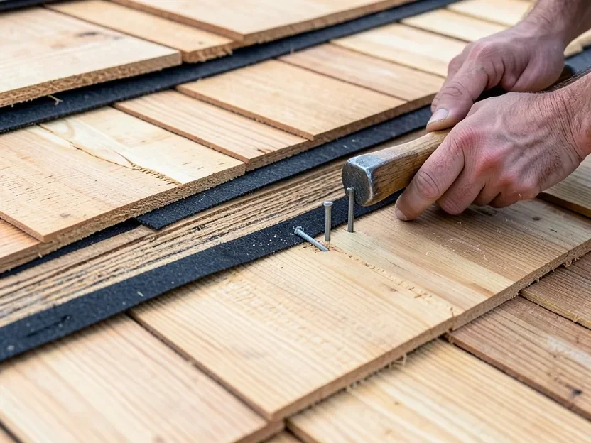 Hand-nailing a cedar shake shingle with a strip of black felt interlayment visible between courses
