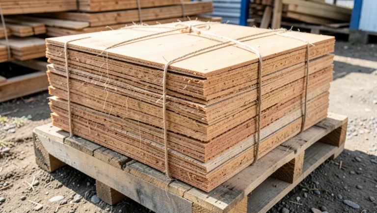Bundles of cedar wood roof shingles wrapped with twine stacked on a pallet