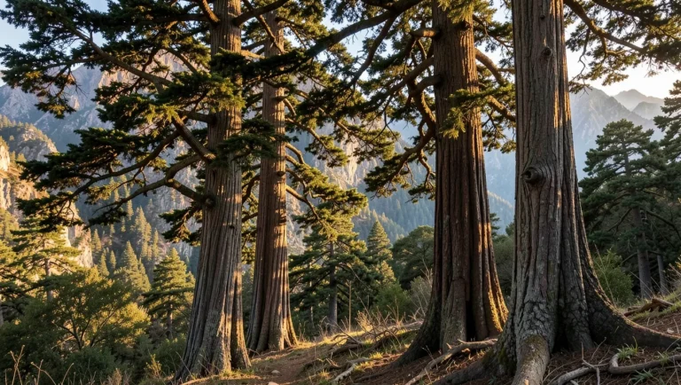 Ancient cedar trees on Mount Lebanon with thick weathered trunks and a mountain backdrop