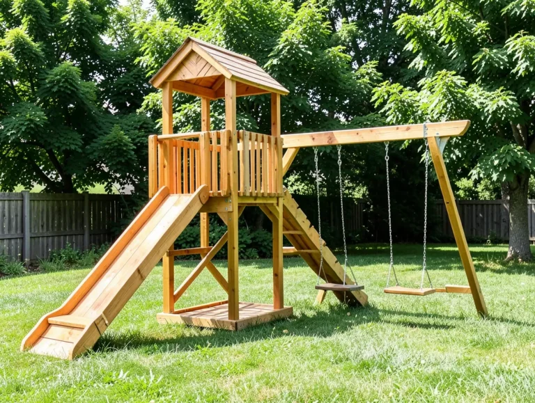 Premium natural cedar wood playset with tower, slide, and swings in a backyard