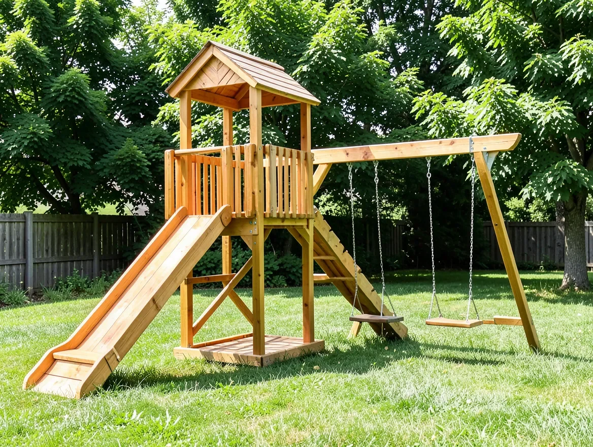 Premium natural cedar wood playset with tower, slide, and swings in a backyard