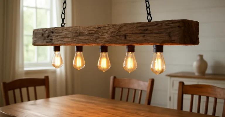 Hollowed wood beam pendant light fixture with five exposed filament bulbs hanging over a wooden dining table