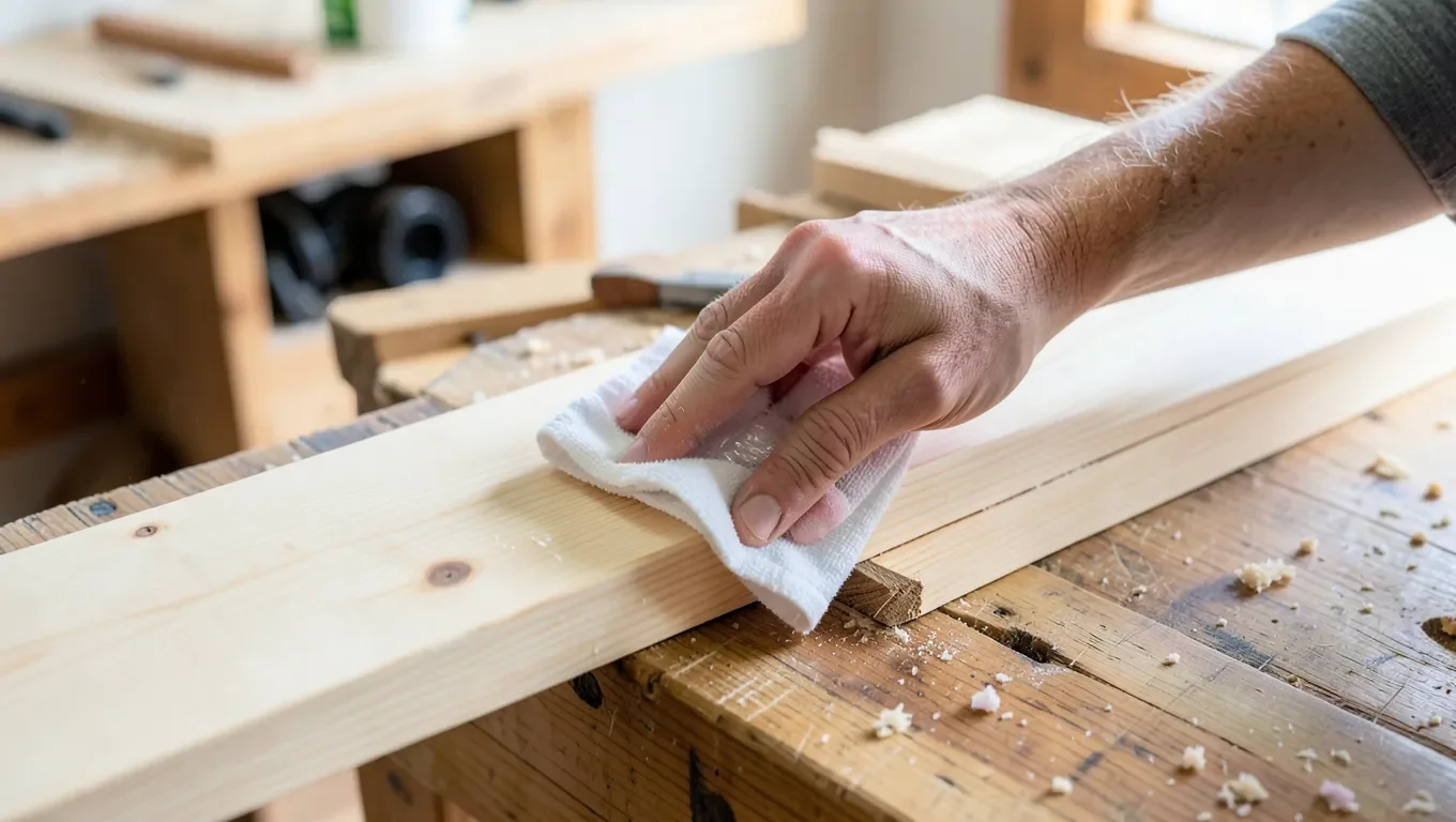 Hand wiping DIY pre-stain wood conditioner onto a raw pine board with a cloth