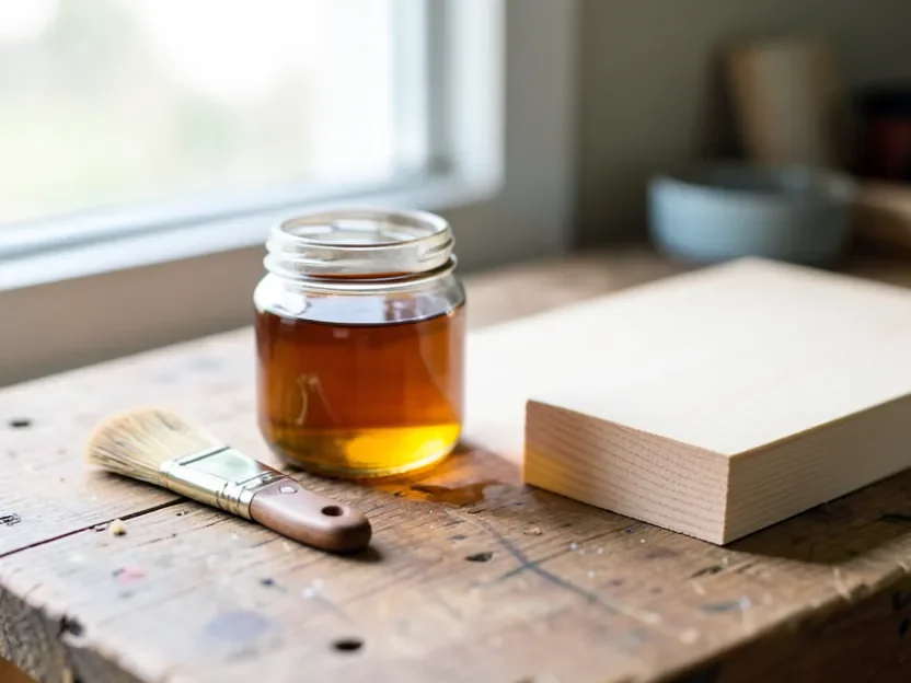 Homemade wood conditioner mixed from boiled linseed oil and mineral spirits in a glass jar