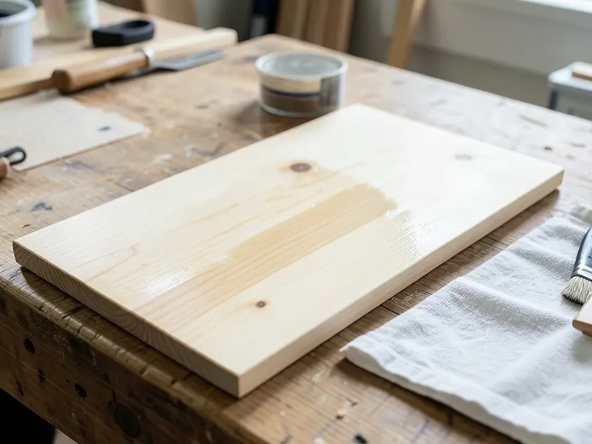 Pine board evenly wiped with pre-stain conditioner and ready to stain