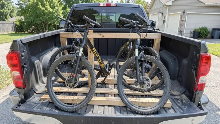 Wooden DIY bike rack loaded with two mountain bikes inside a pickup truck bed