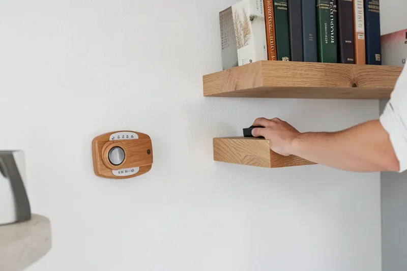 Using a stud finder before mounting floating wood shelves loaded with books