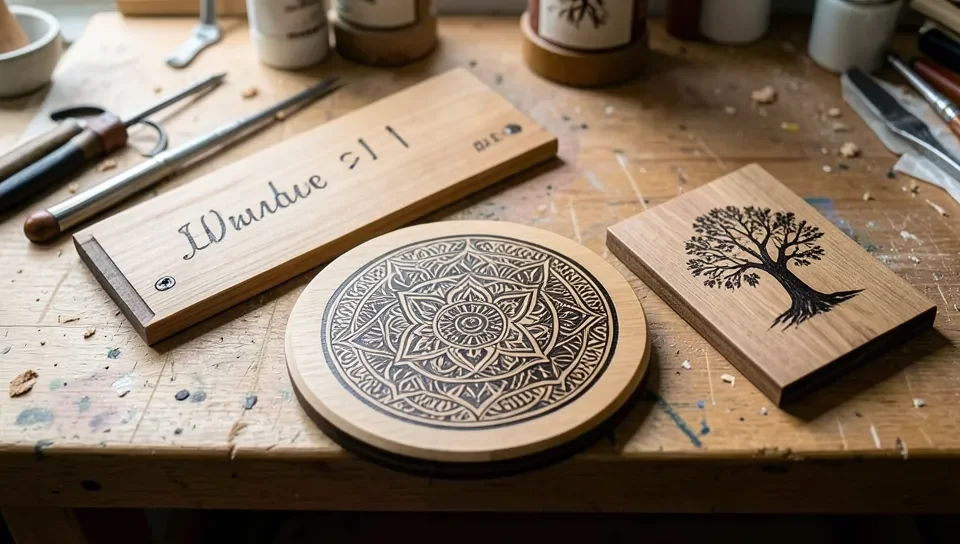 Finished wood burning projects: a name plate, a mandala coaster, and a tree silhouette plaque