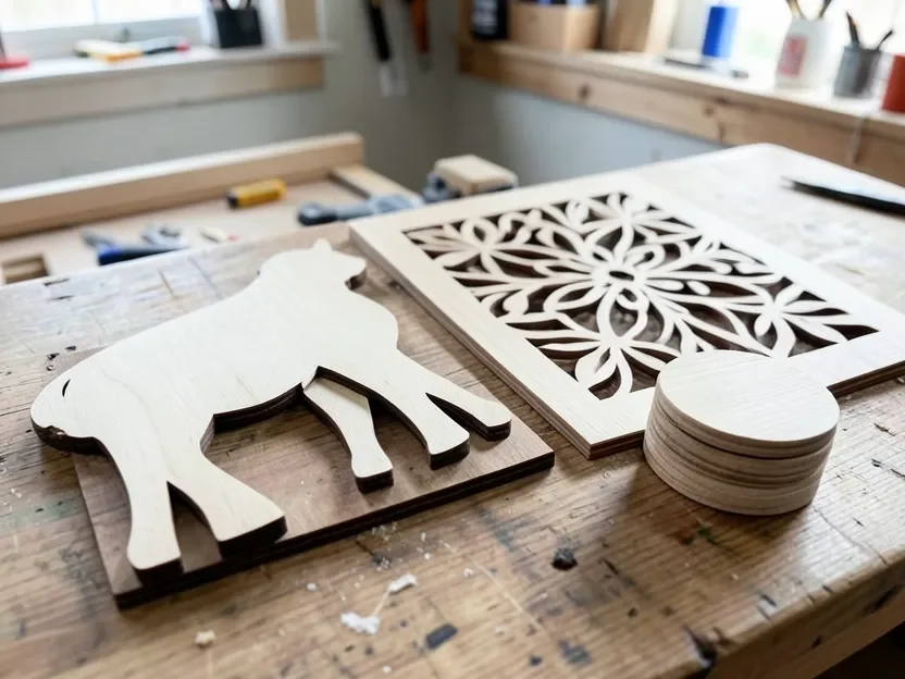 Finished scroll saw wood cutout projects on a workbench, including an animal silhouette, a floral wall art panel, and round wood coasters