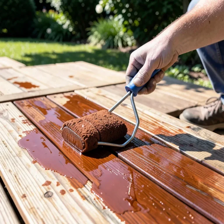 Applying oil-based wood stain and sealer to a deck board outdoors