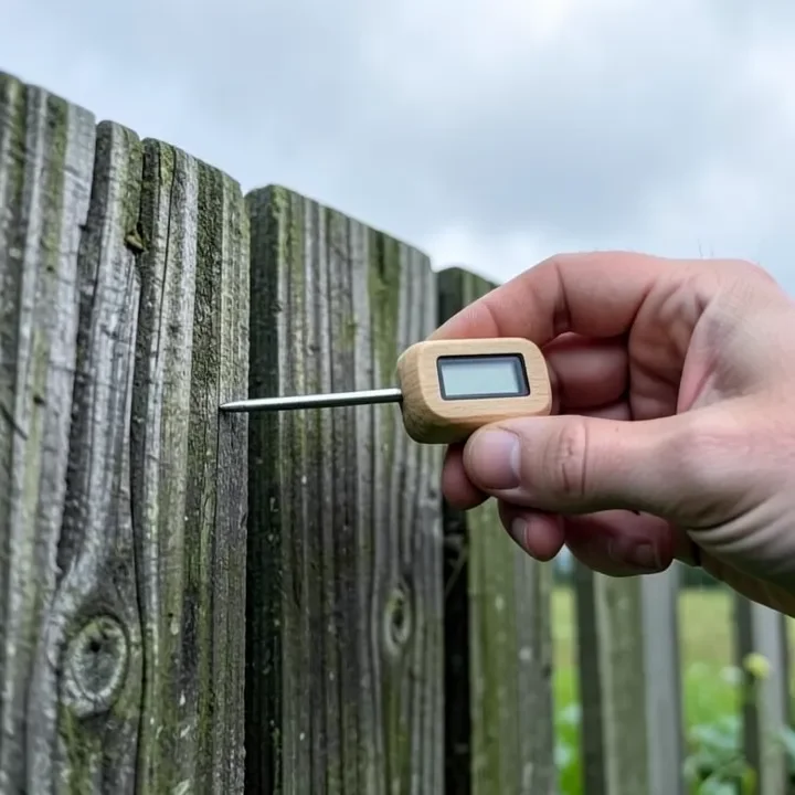 Checking a fence board's moisture level with a pin-type meter before staining