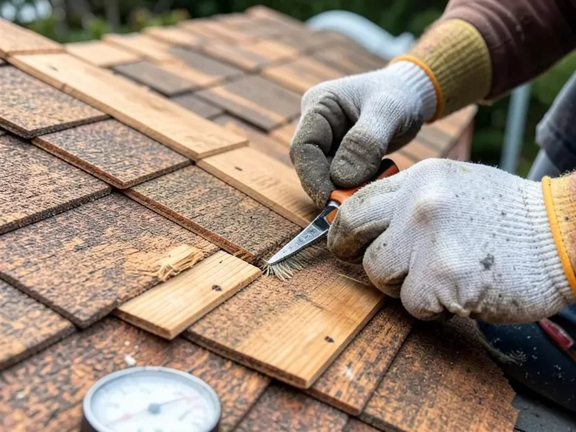 Roofer nailing a course of cedar shingles using an exposure gauge