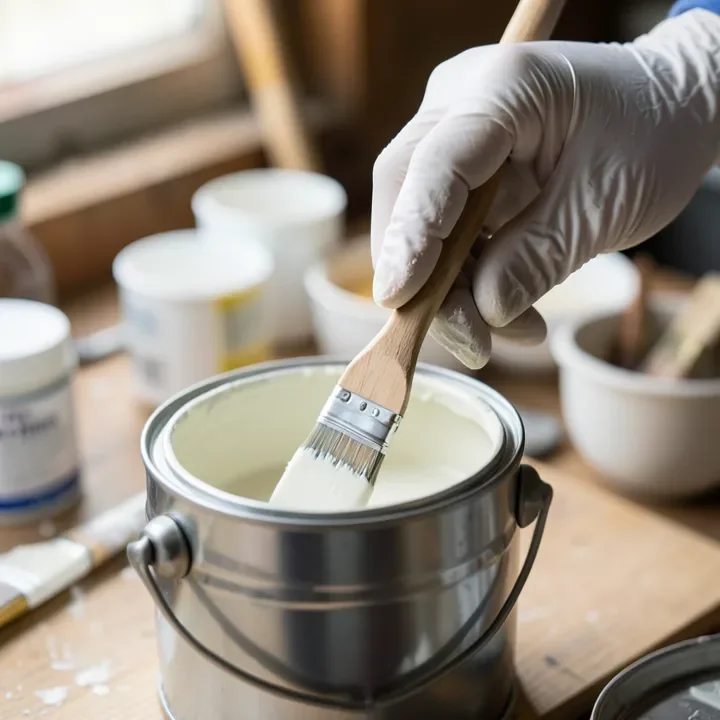 Stirring tinted primer with a paint stick in an open can