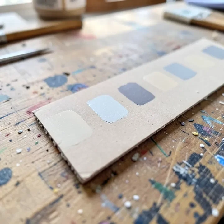 Primer color test swatches drying on cardboard