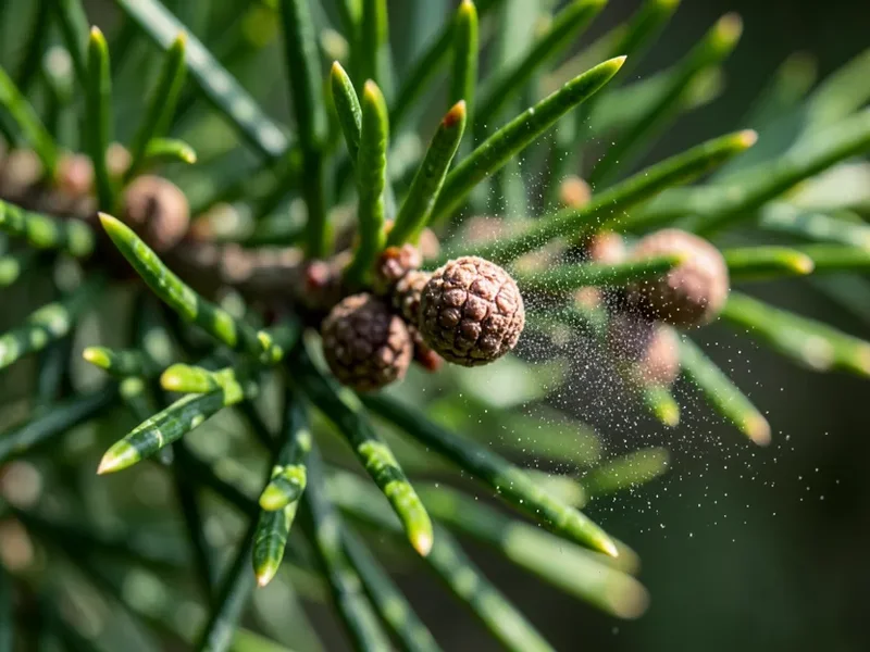 Close-up of male cones on a mountain cedar (Ashe juniper) branch releasing pollen