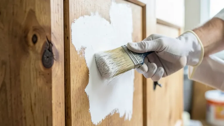 Applying white primer to a wood cabinet door over a knot to block tannin bleed-through