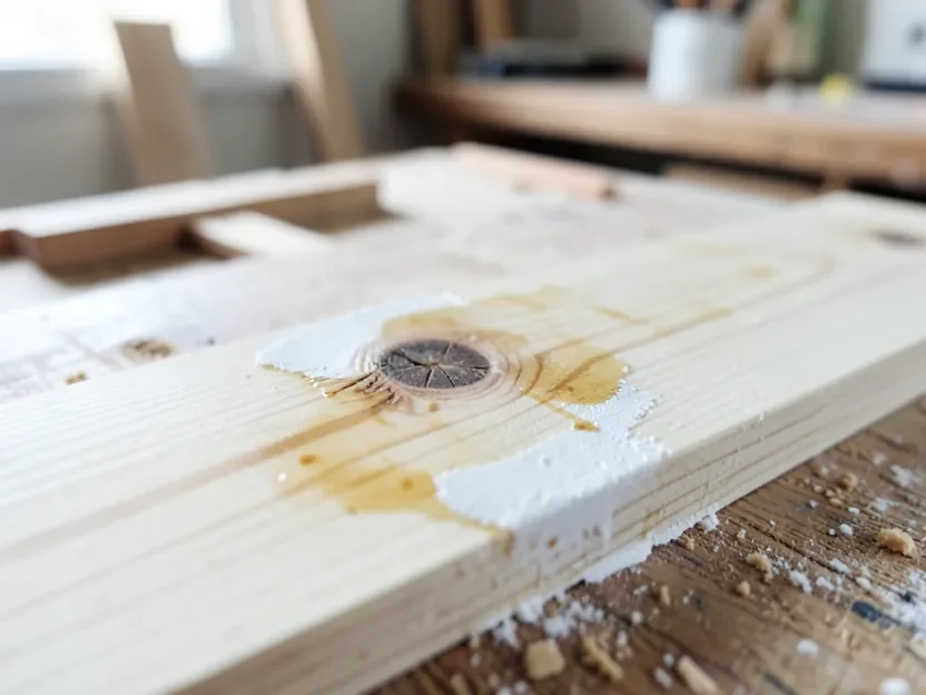 Amber tannin stain bleeding through white primer around a pine wood knot
