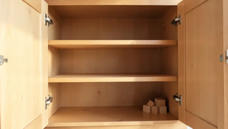 Clean wooden kitchen cabinet interior with cedar blocks in the corner used as a mild roach deterrent