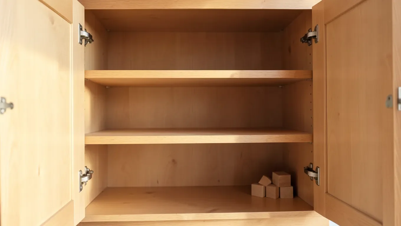 Clean wooden kitchen cabinet interior with cedar blocks in the corner used as a mild roach deterrent