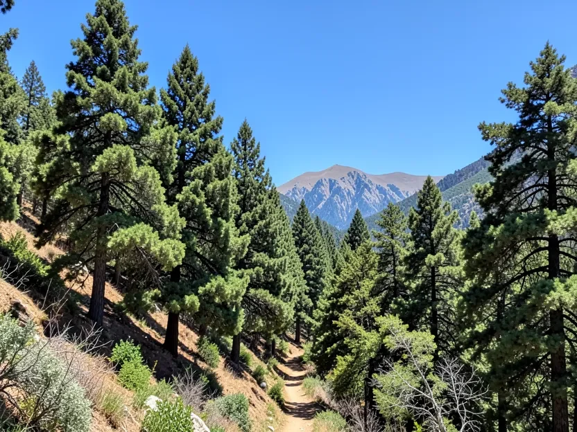 Mountain trail through a cedar reserve forest in Lebanon Mountain trail through a cedar reserve forest in Lebanon with peaks visible in the distance