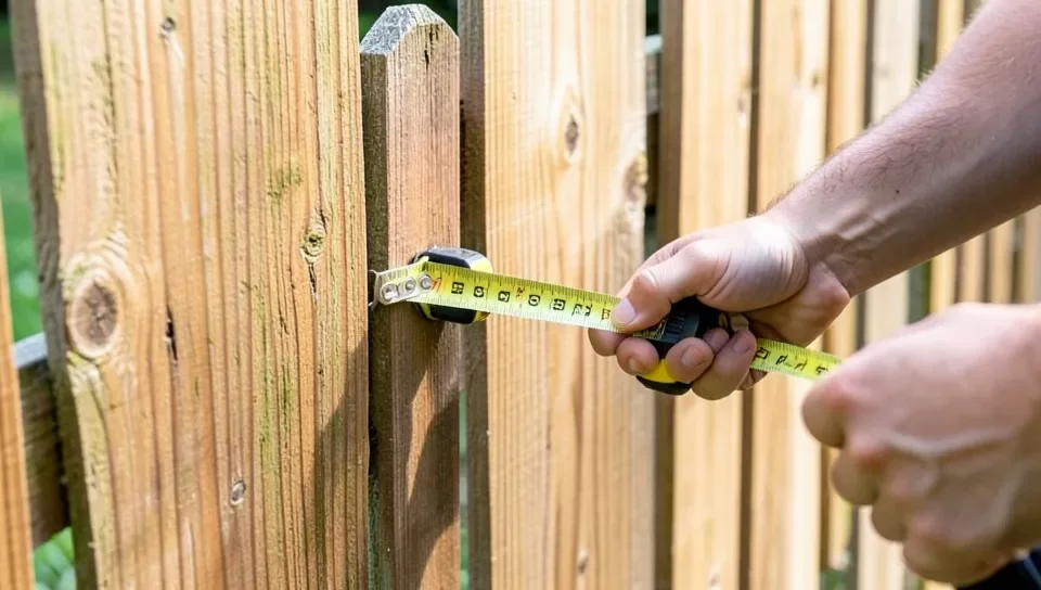 Measuring the gap between cedar fence pickets with a tape measure