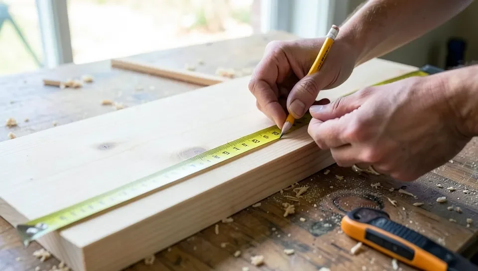 Measuring and marking a wood board before cutting for a shelf