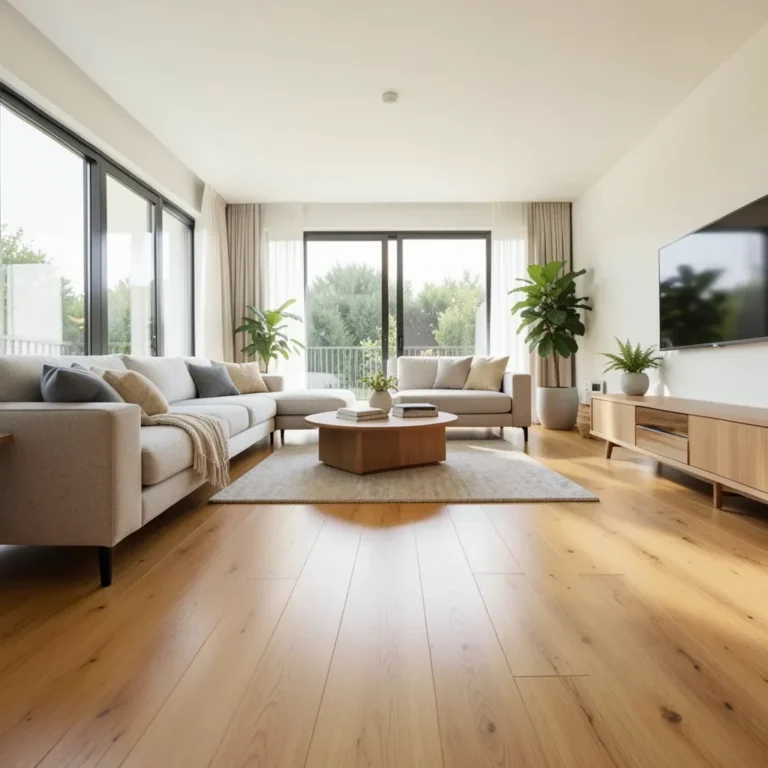 Bright modern living room with warm honey-toned wood-look laminate plank flooring
