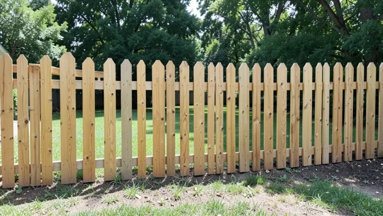 New cedar picket fence with evenly spaced pickets in a backyard