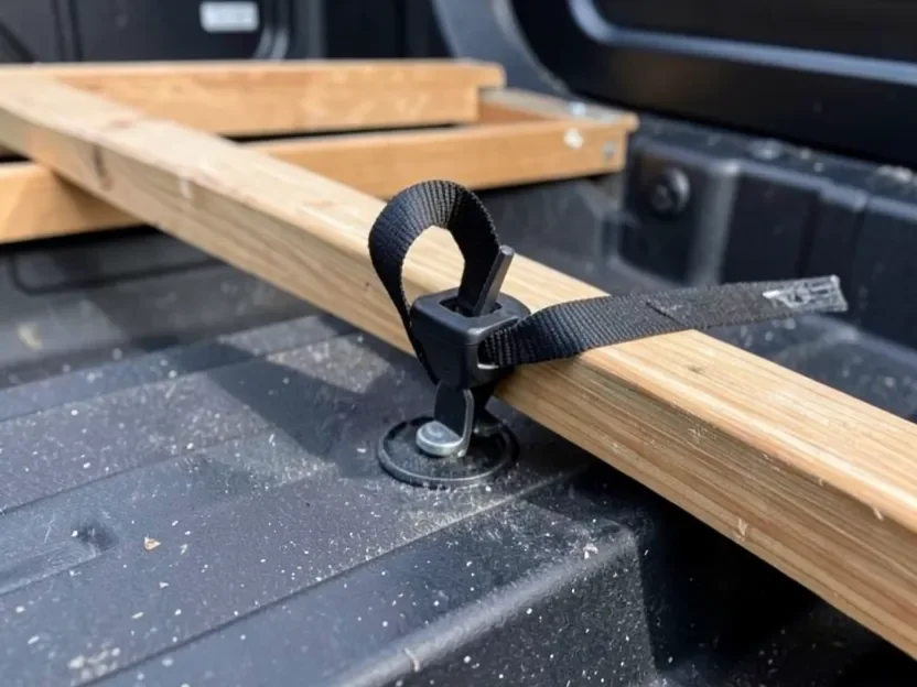 Ratchet strap securing a wood bike rack frame to a factory tie-down point without drilling