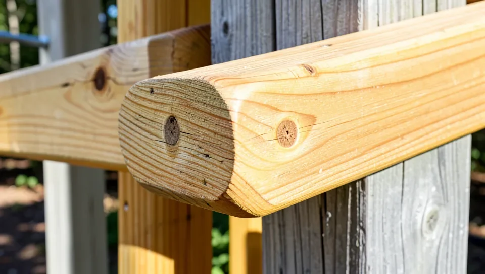Close-up of Northern White Cedar playset beams showing wood grain and natural silvery-grey weathering