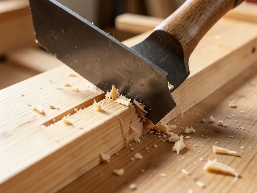 wood chisel cutting into oak causing the grain to splinter and tear ahead of the blade