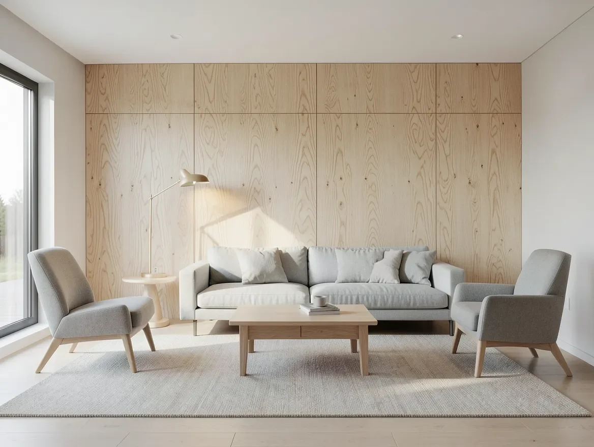 Minimalist living room with plywood accent wall showing natural wood grain