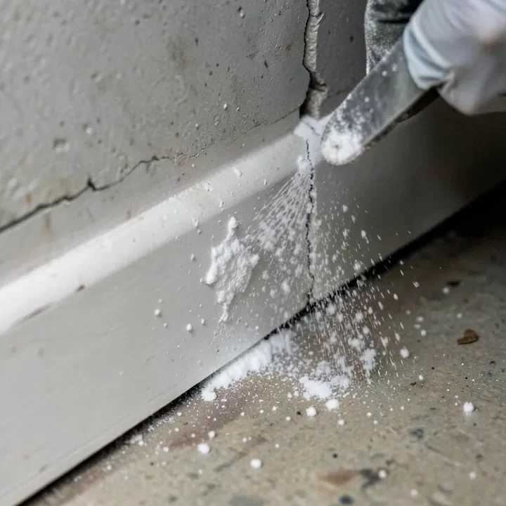 sprinkling boric acid powder along a basement baseboard crack
