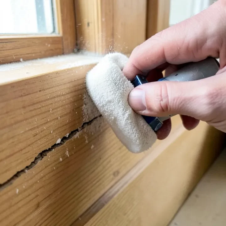 applying diatomaceous earth powder with a duster along a wooden window sill crack