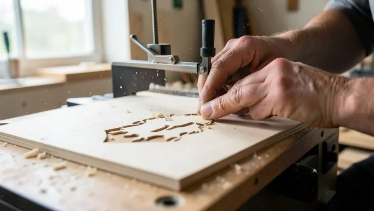 Close-up of a scroll saw cutting an intricate wood pattern