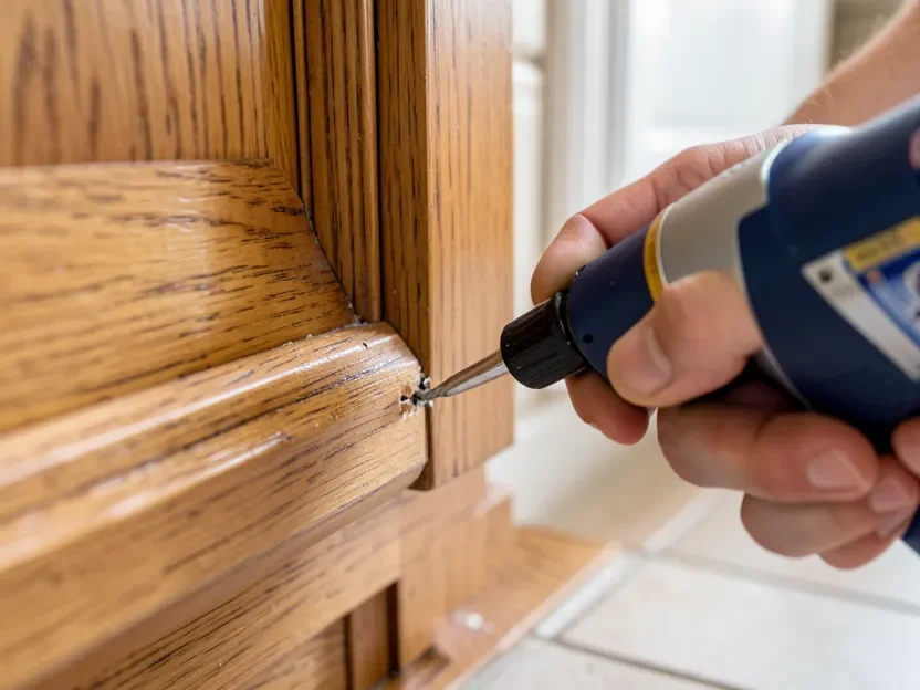 Sealing a small gap at the base of a wood kitchen cabinet with caulk to block roach entry points