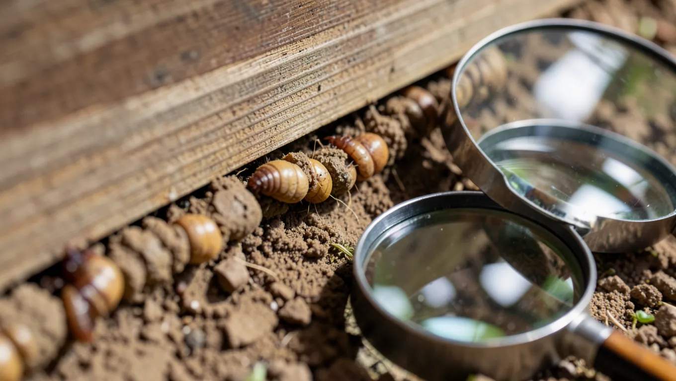Close-up of termite mud tubes running along a wooden beam foundation