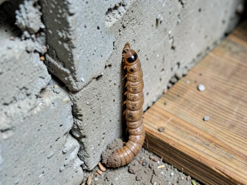 Close-up of a mud shelter tube built by subterranean termites running up a concrete foundation wall near a wood floor joist