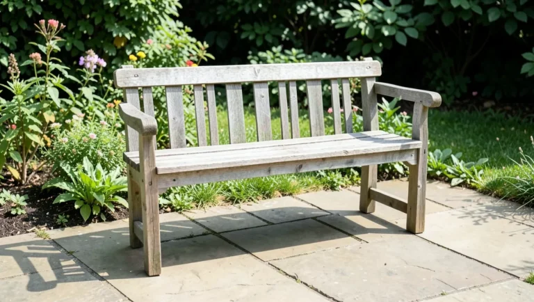 A simple handmade wooden outdoor bench on a garden patio