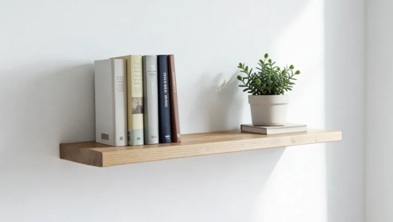 Simple wood shelf mounted on wall holding books and a plant